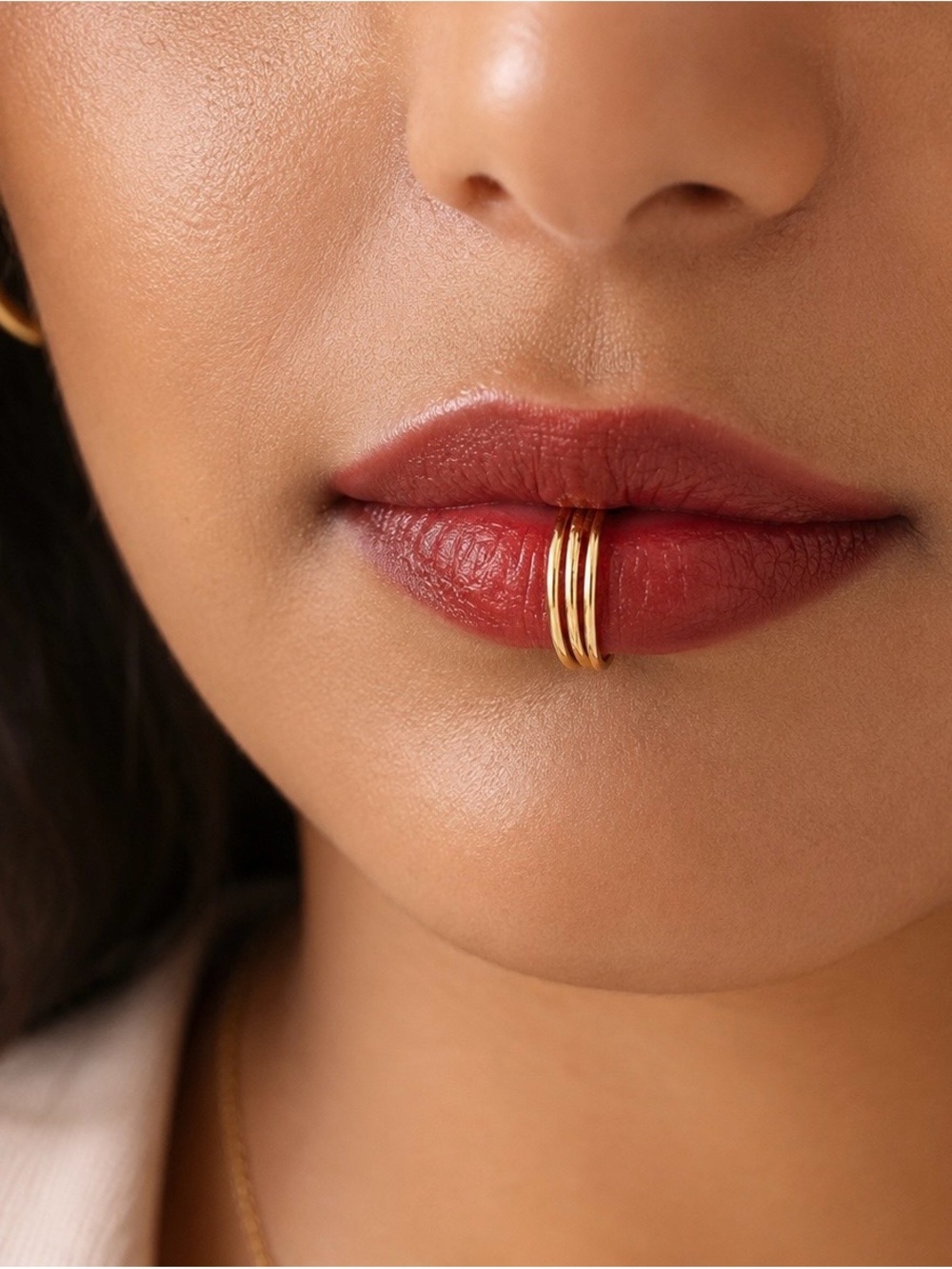 Gold Tone Triple Band Faux Lip Ring Cuff Minimalist Edgy